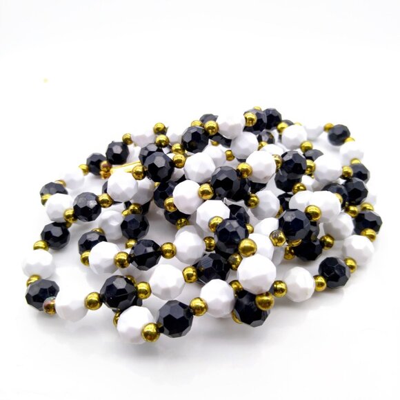 Vintage Super Long Strand of Black and White Beads with Gold Tone Spacers, Flapp - Picture 2 of 5